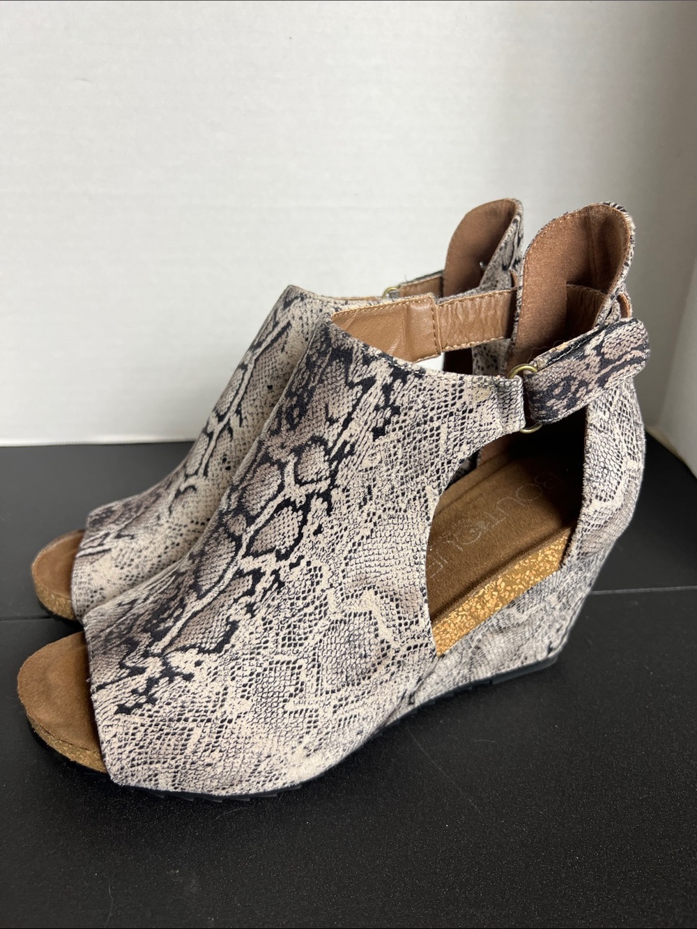 Corkys Snake-Print Peep Toe Wedge Sandals - Tan and Black